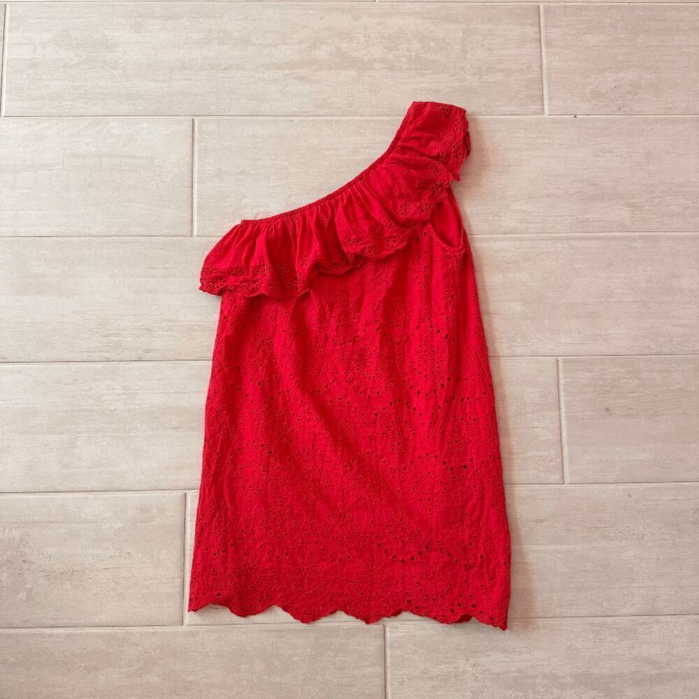 Entro One Shoulder Coral Eyelet Mini Dress Embroidered Ruffle Small Bold Pink